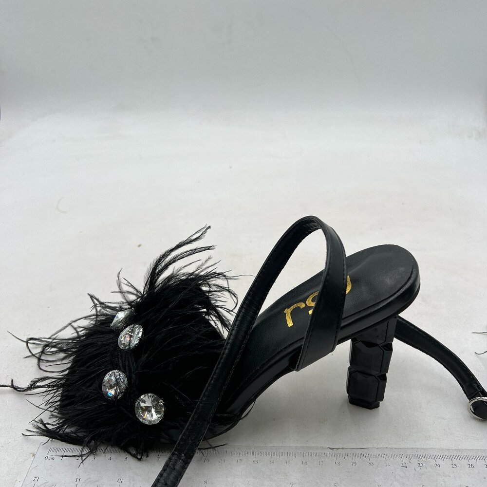 FSJ Black Gorgeous Crystal Beaded High Heel Sexy Fur Open Toe Slingback Sandals